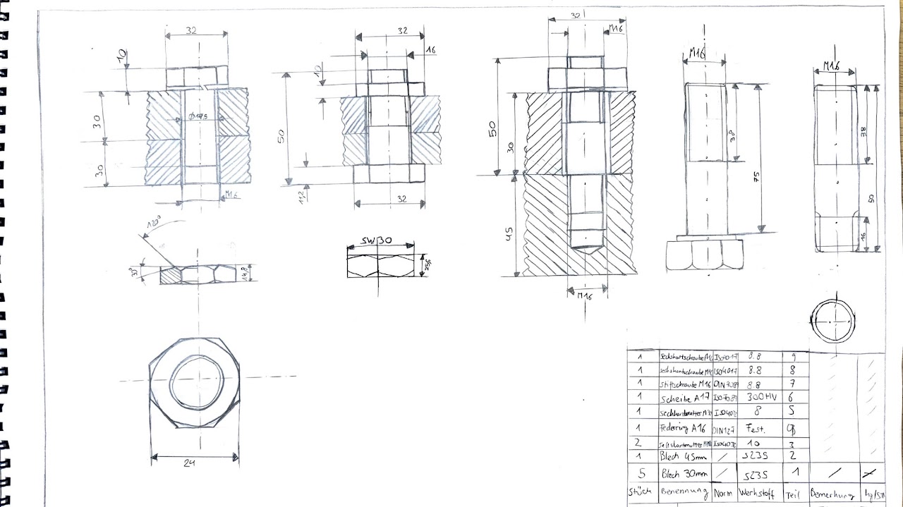 Bolted joint — hand-drafted study with parts list