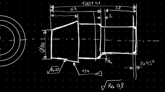 Shaft — digital concept sketch with tolerances