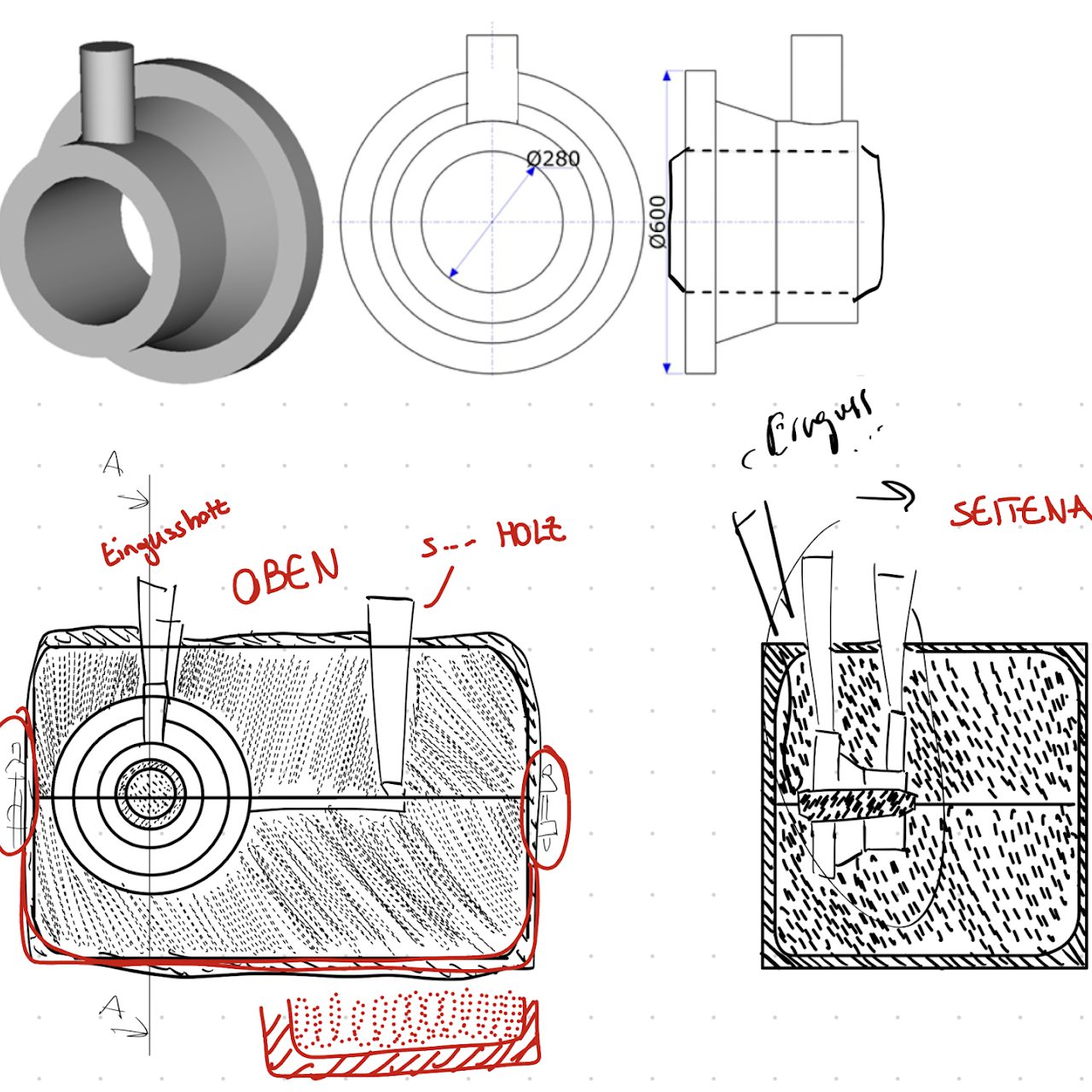 Casting study — CAD model and mold sketches